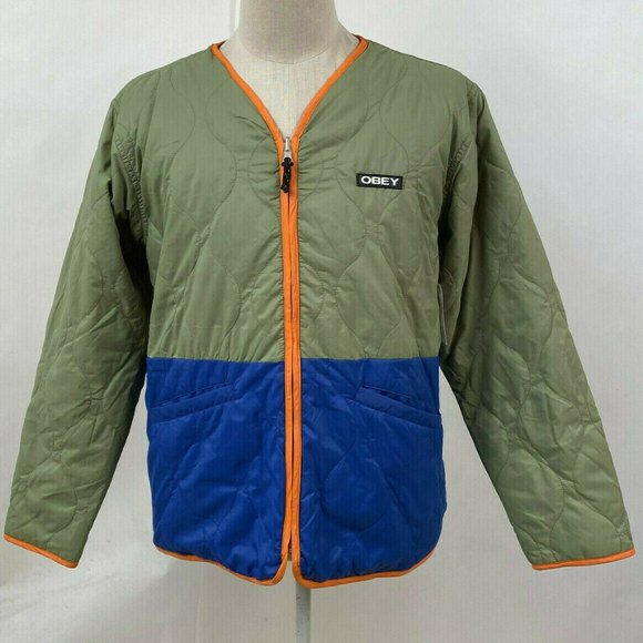 Obey Nylon Liner Jacket Nonsense Olive Green/Blue - Picture 2 of 7